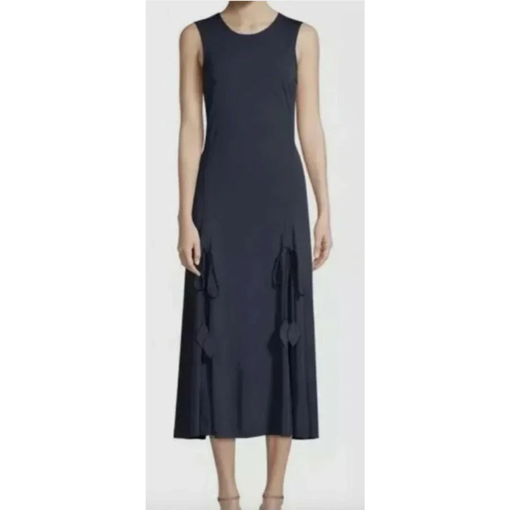 Tory Burch Dress Womens L Large Navy Shannon Sleeveless Front Tie Cinching Midi